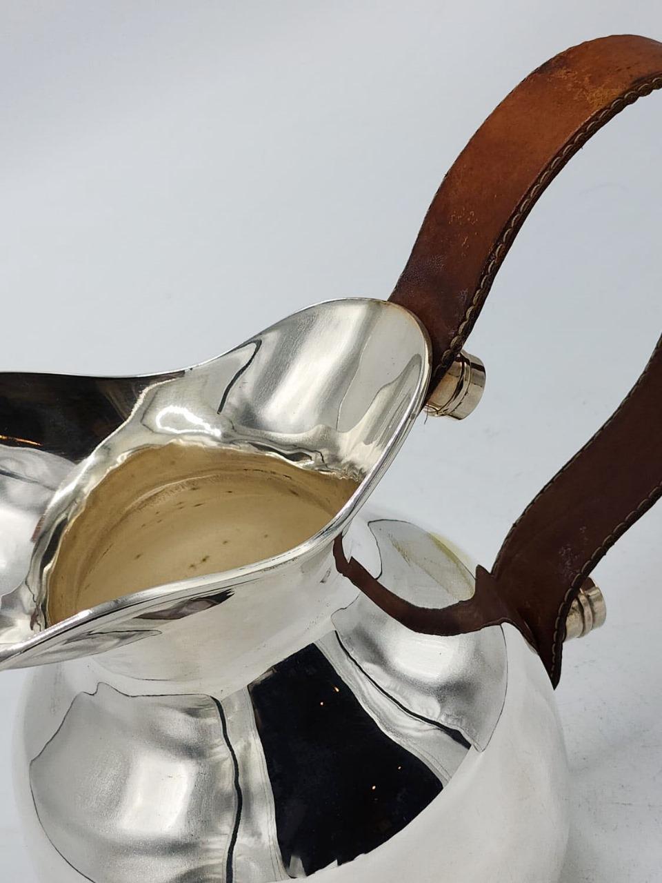 French Hermes Paris silver metal jug with leather handle, 20th Century For Sale