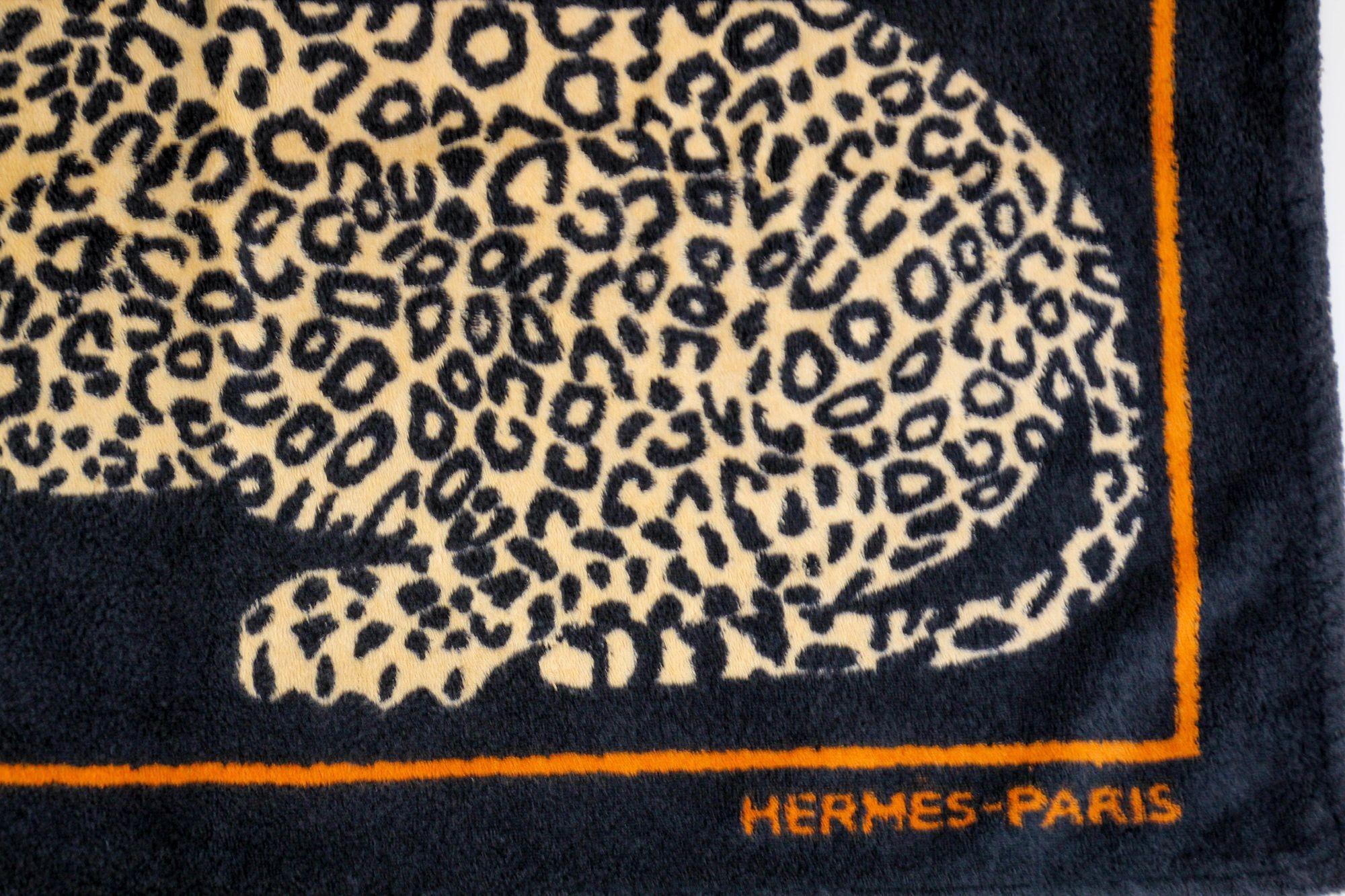 Textile Hermes Paris Small Bath Mat with a Leopard Print in Black and Orange