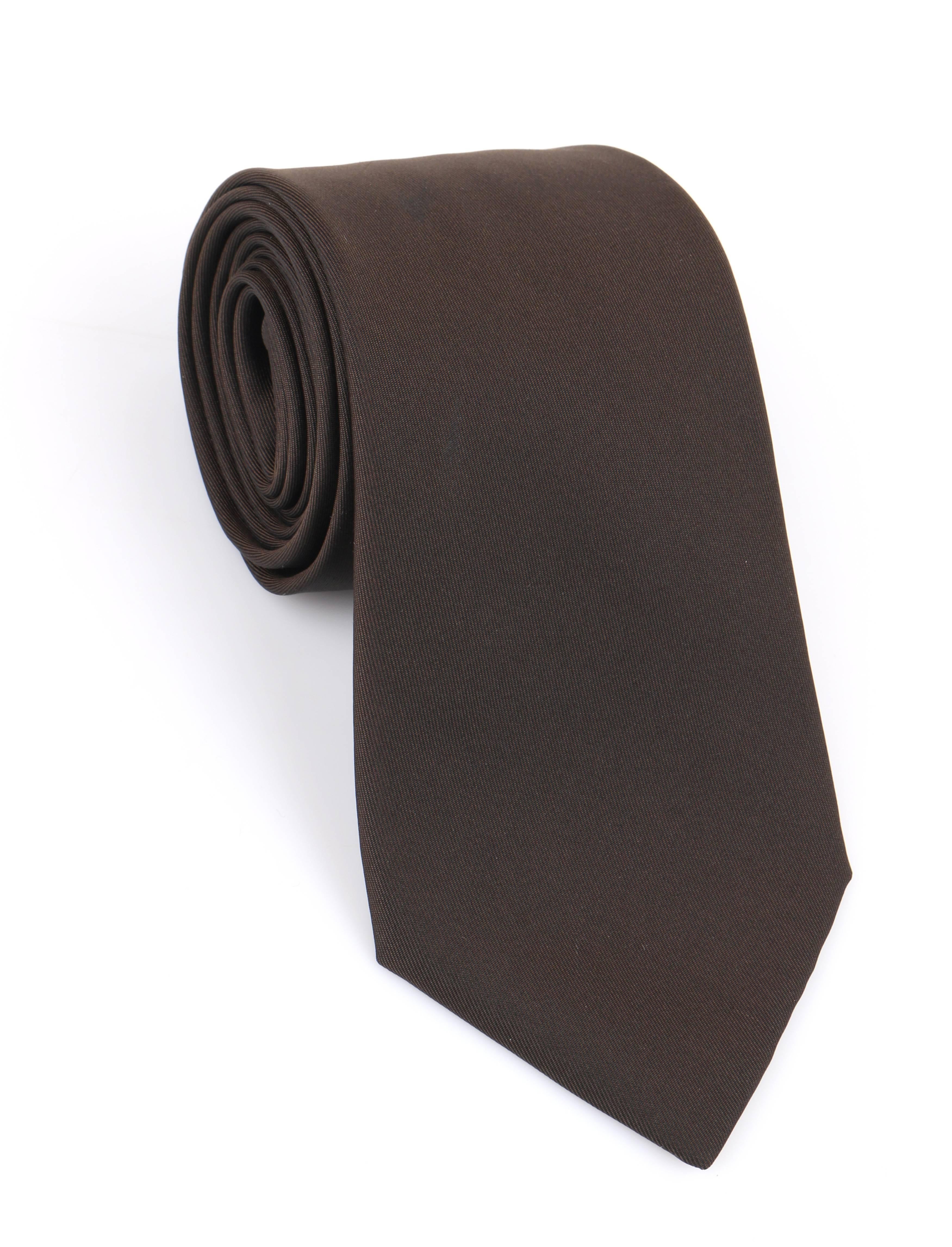 Black HERMES Paris Solid Dark Brown Silk 5 Fold Necktie Tie 