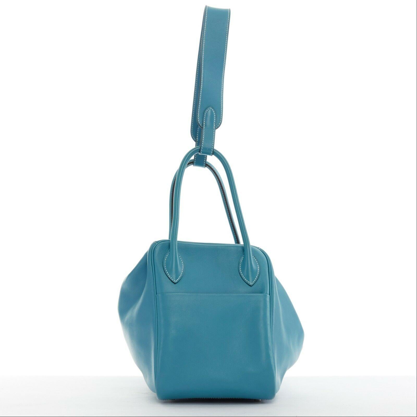 Blue HERMES PARIS Swift Lindy 30 palladium silver hardware dual strap shoulder bag