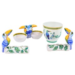 Hermes Paris "Toucans Moustiers", a Salt Cellar, Two Menu Holders, a Goblet