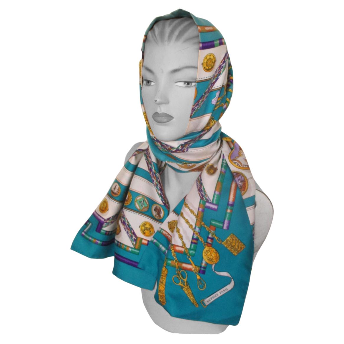 HERMES Paris Turquoise Long Double Face Silk Scarf "Petite Main" For Sale