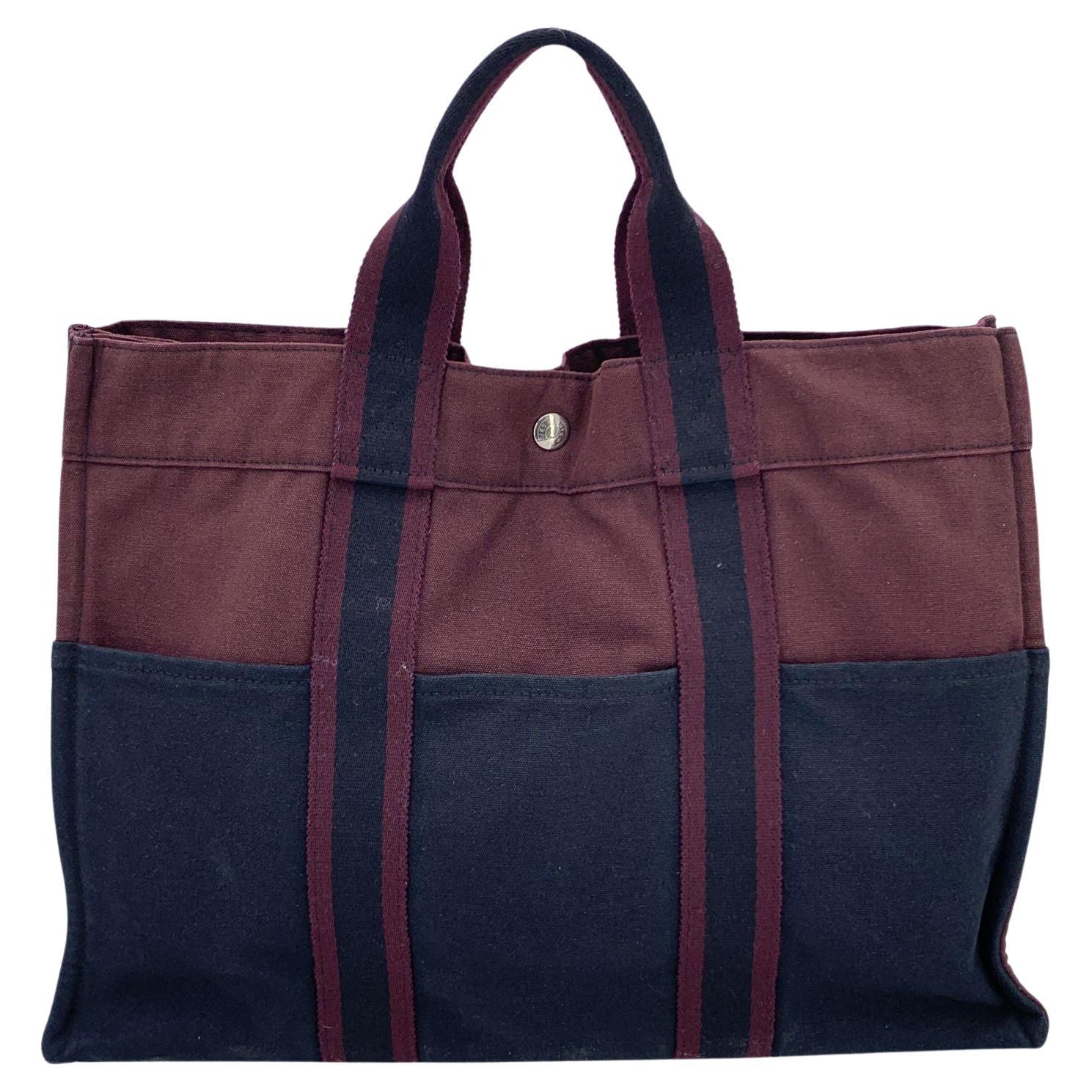 Hermes Paris Vintage Black Burgundy Canvas Fourre Tout MM Bag Tote For Sale