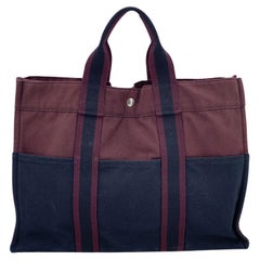 Hermes Paris Vintage Black Burgundy Canvas Fourre Tout MM Bag Tote