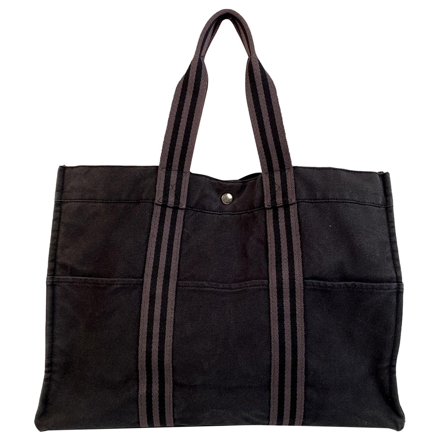 Hermes Paris Vintage Black Cotton Canvas Tote Handbag Fourre Tout GM