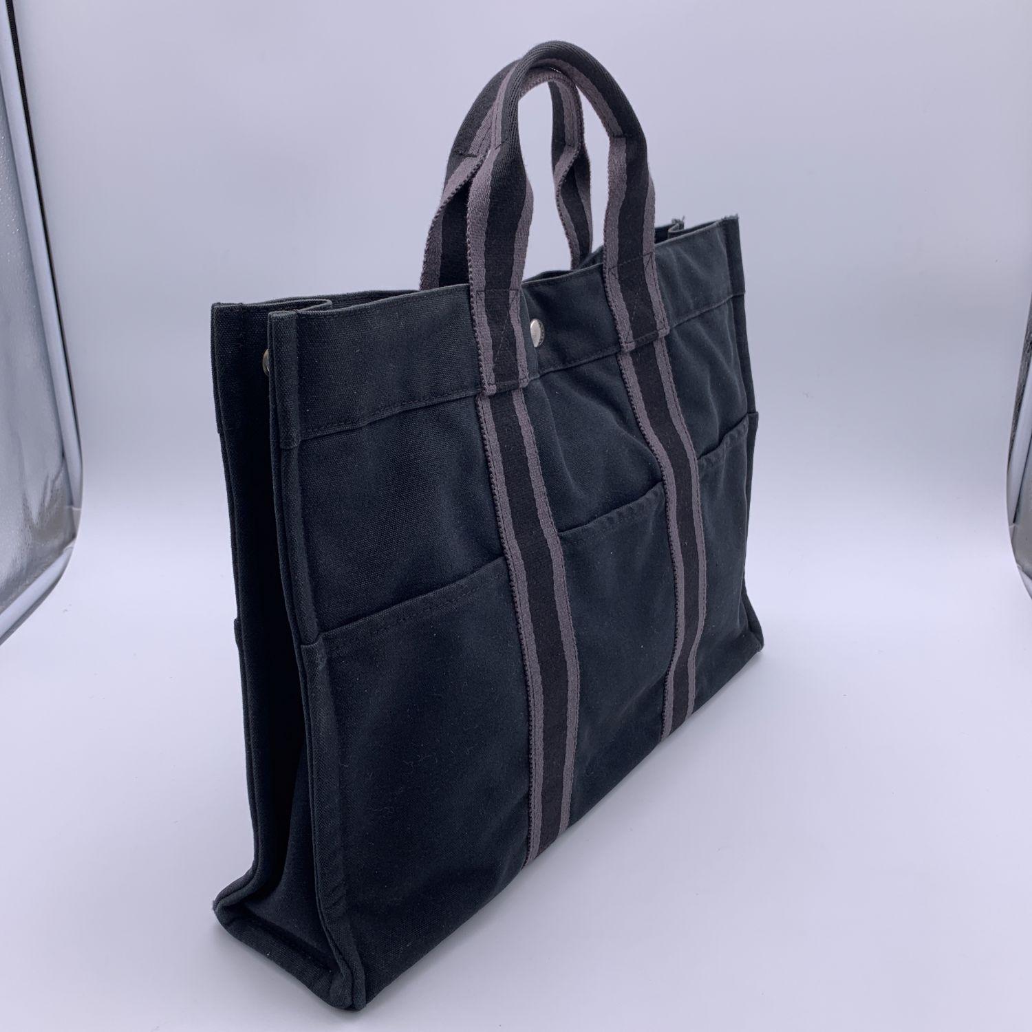 Hermes Paris Vintage Black Gray Cotton Fourre Tout MM Tote Bag 1