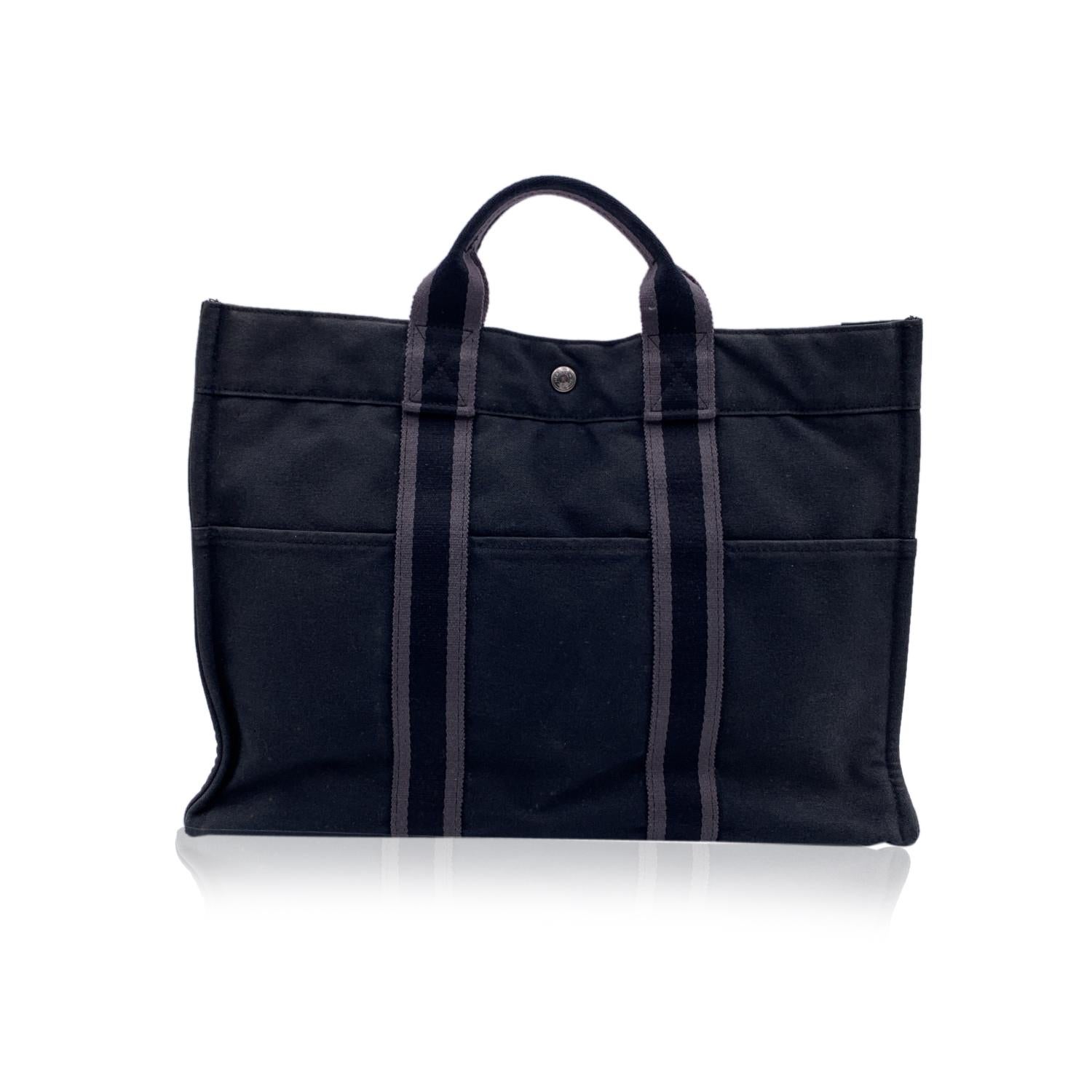 Hermes Paris Vintage Black Gray Cotton Fourre Tout MM Tote Bag 2