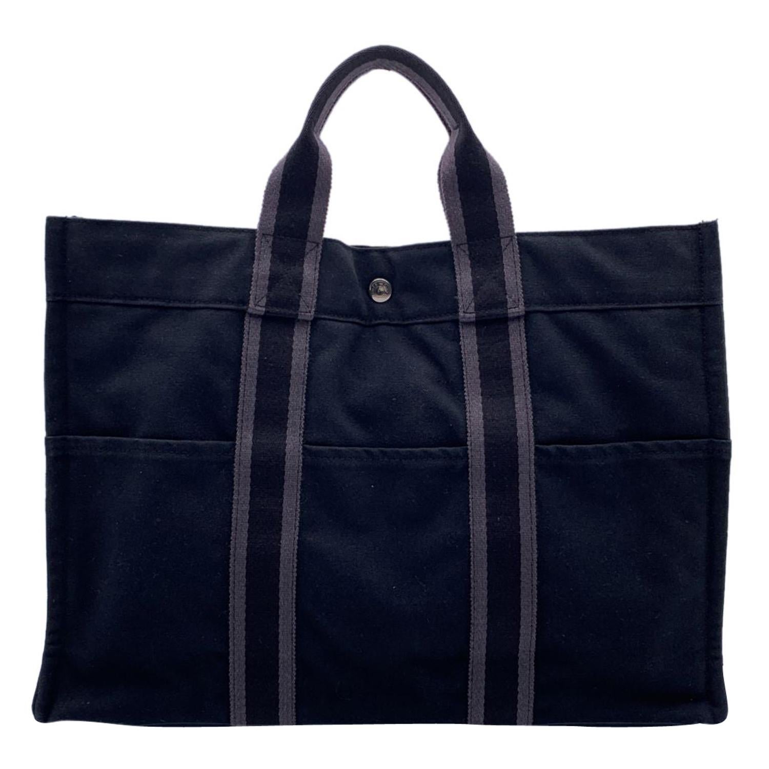 Hermes Paris Vintage Black Gray Cotton Fourre Tout MM Tote Bag