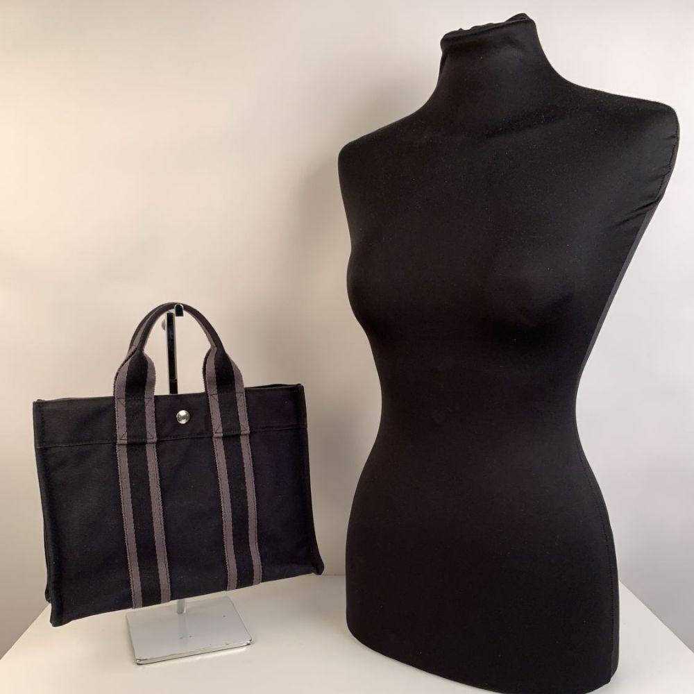Hermes Paris Vintage Black Gray Cotton Fourre Tout PM Bag In Excellent Condition In Rome, Rome