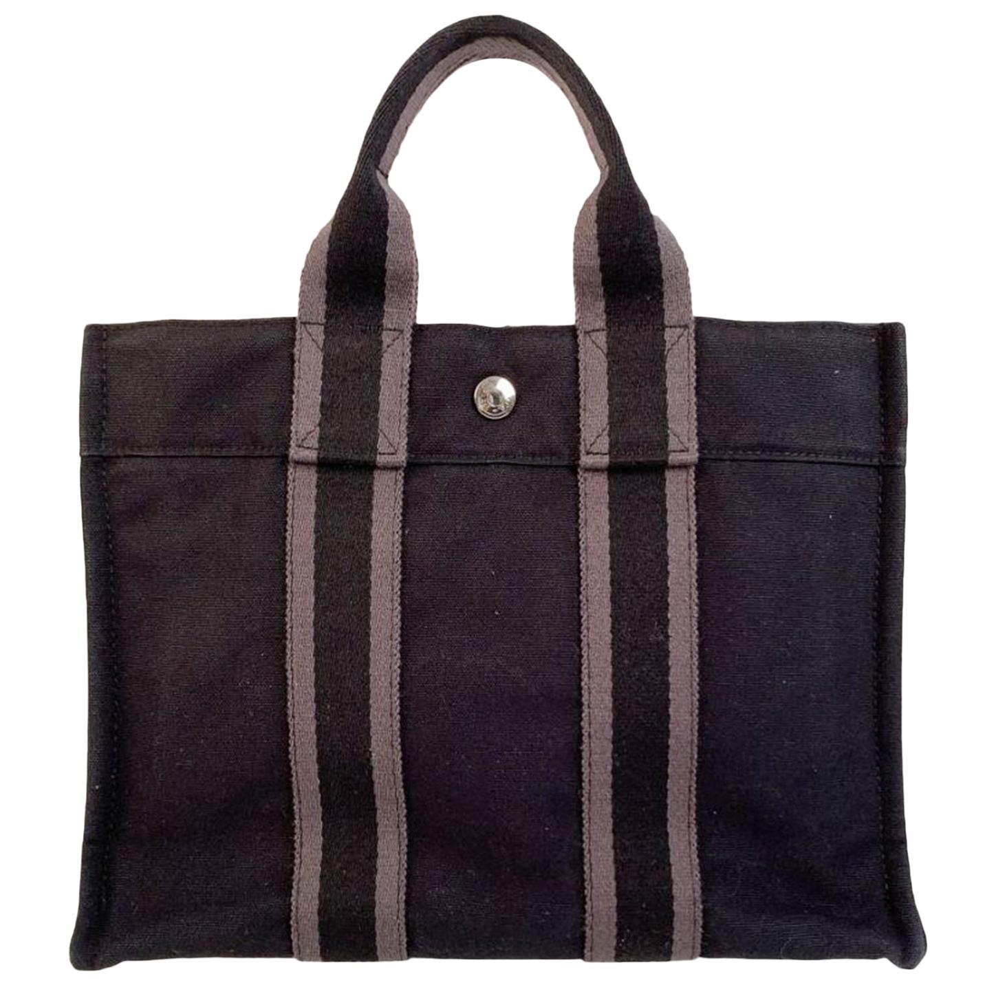 Hermes Paris Vintage Black Gray Cotton Fourre Tout PM Bag