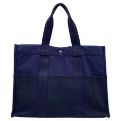 Hermes Paris Vintage Blue and Black Canvas Fourre Tout GM Bag Tote