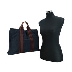 Hermes Paris Vintage Blue and Brown Cotton Fourre Tout MM Tote
