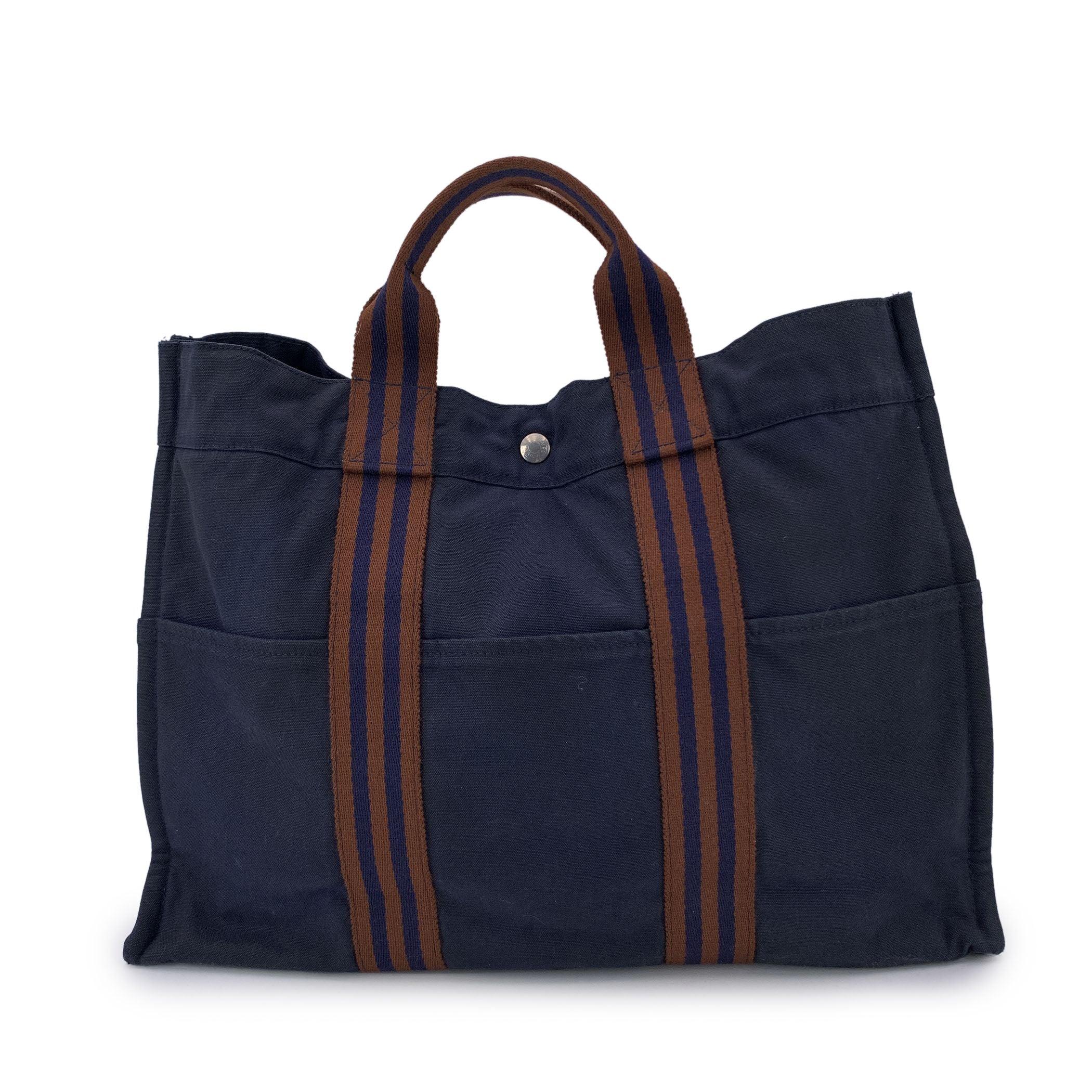Black Hermes Paris Vintage Blue and Brown Cotton Fourre Tout MM Tote