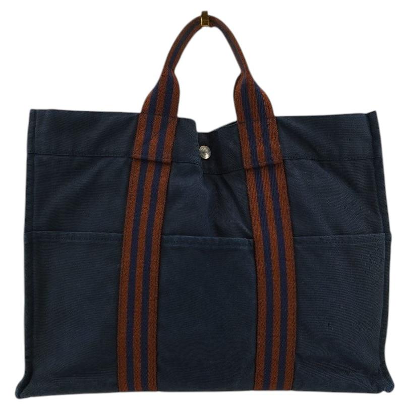 Hermes Paris Vintage Blue and Brown Cotton Fourre Tout MM Tote