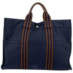 Hermes Paris Vintage Blue and Brown Cotton Fourre Tout MM Tote