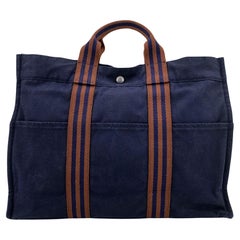 Hermes Paris Vintage Blue and Brown Cotton Fourre Tout MM Tote