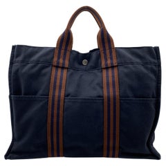 Hermes Paris Vintage Blue and Brown Cotton Fourre Tout MM Tote