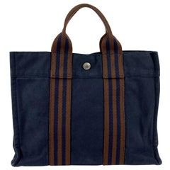 Hermes Paris Vintage Blue and Brown Cotton Fourre Tout PM Tote Bag