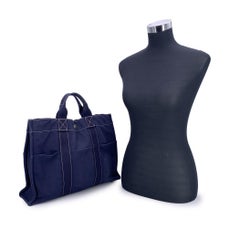 Hermes Paris Vintage Blue Canvas Cotton Fourre Tout MM Bag Tote