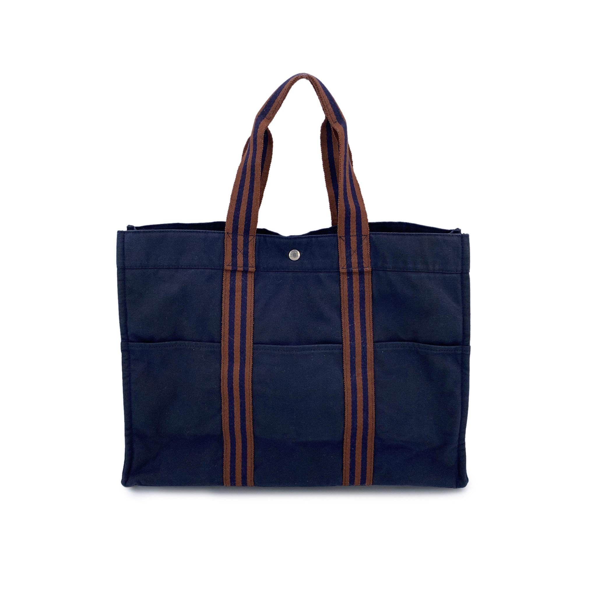 Black Hermes Paris Vintage Blue Canvas Cotton Fourre Tout MM Bag Tote