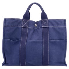 Hermes Paris Vintage Blue Canvas Cotton Fourre Tout MM Bag Tote