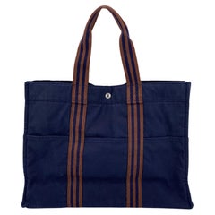Hermes Paris Vintage Blue Canvas Cotton Fourre Tout MM Bag Tote