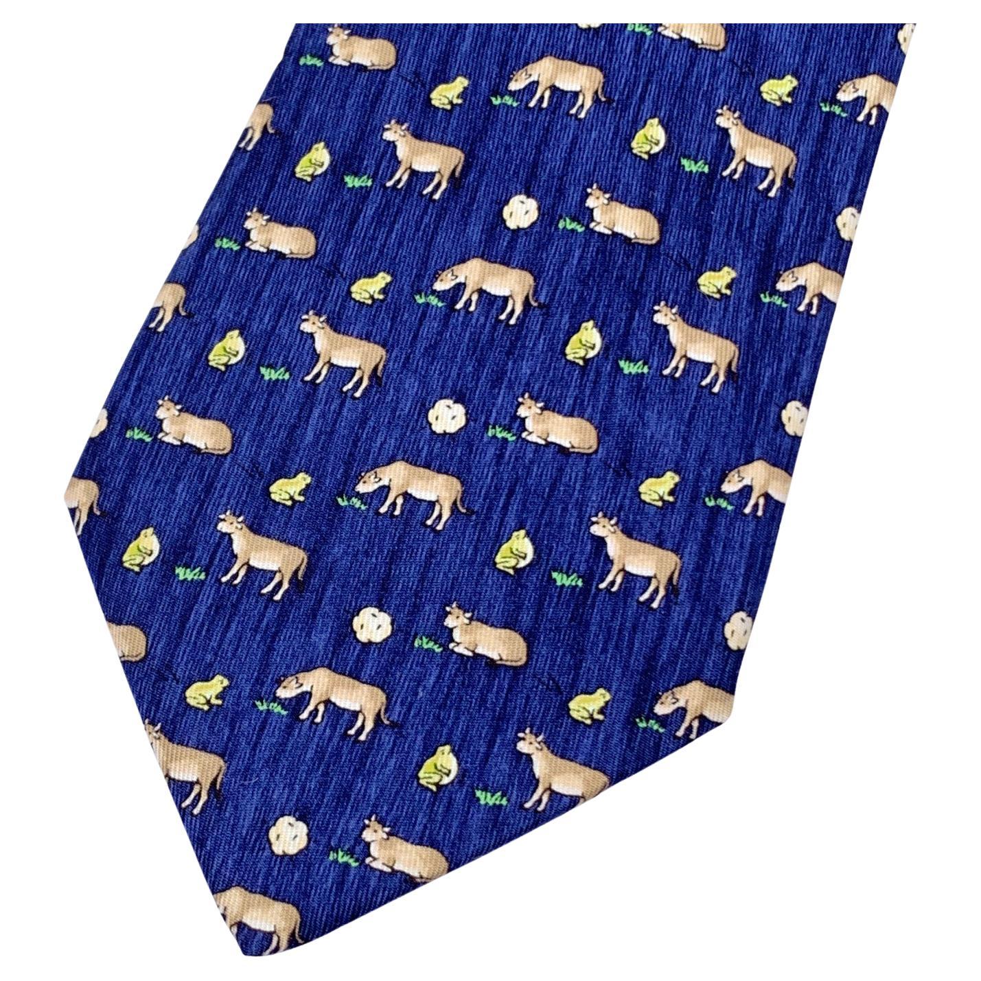 Hermes Paris Vintage Blue Silk Cow and Frog Print Neck Tie 7893 MA