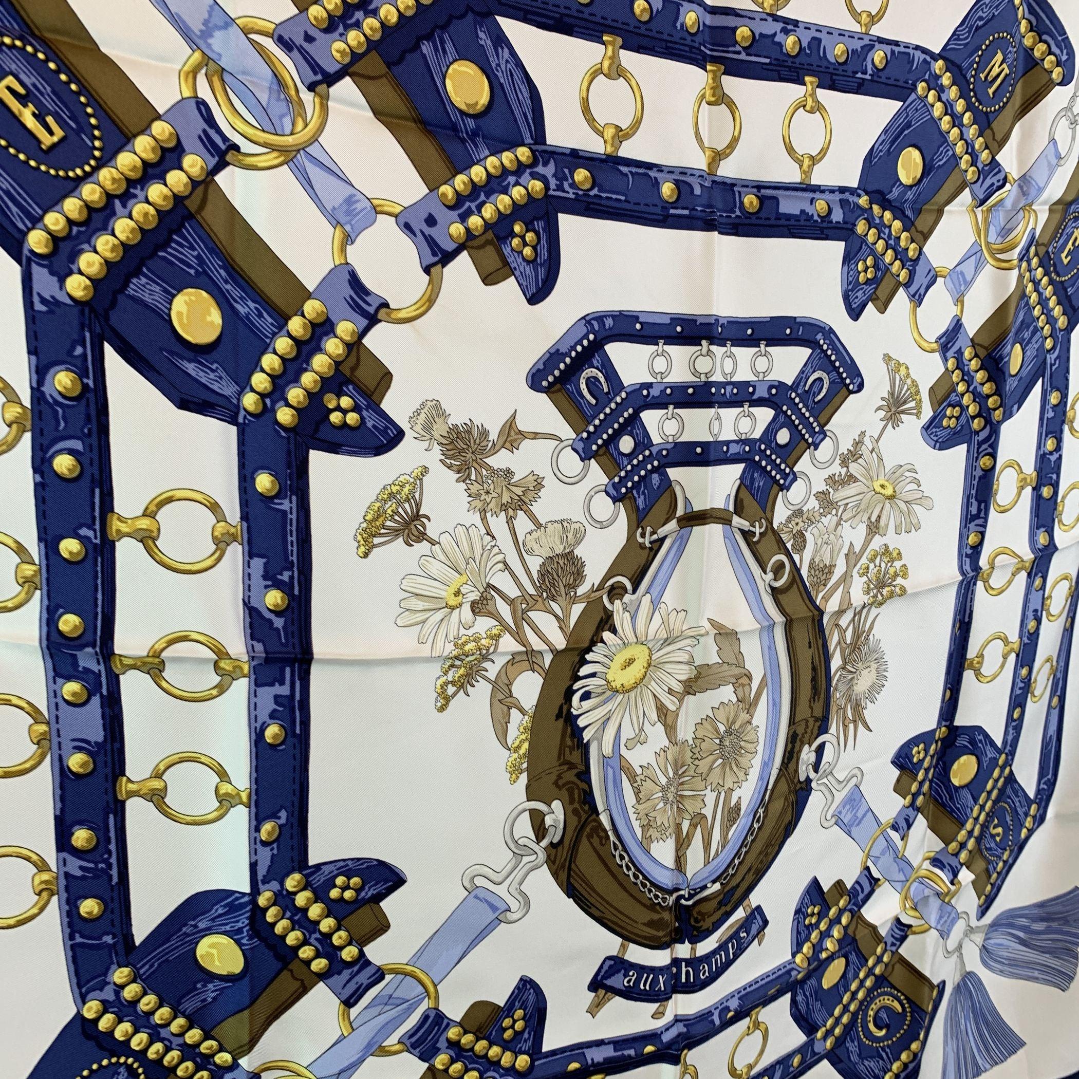 Nero Hermes Paris Sciarpa vintage in seta blu Aux Champs 1970 Cathy Latham in vendita