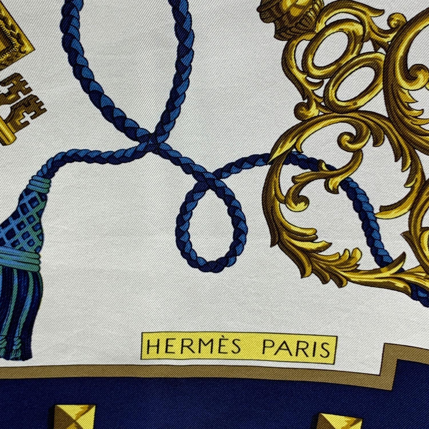 Beige Hermes Paris Vintage Blue Silk Scarf Les Clefs 1965 Caty Latham