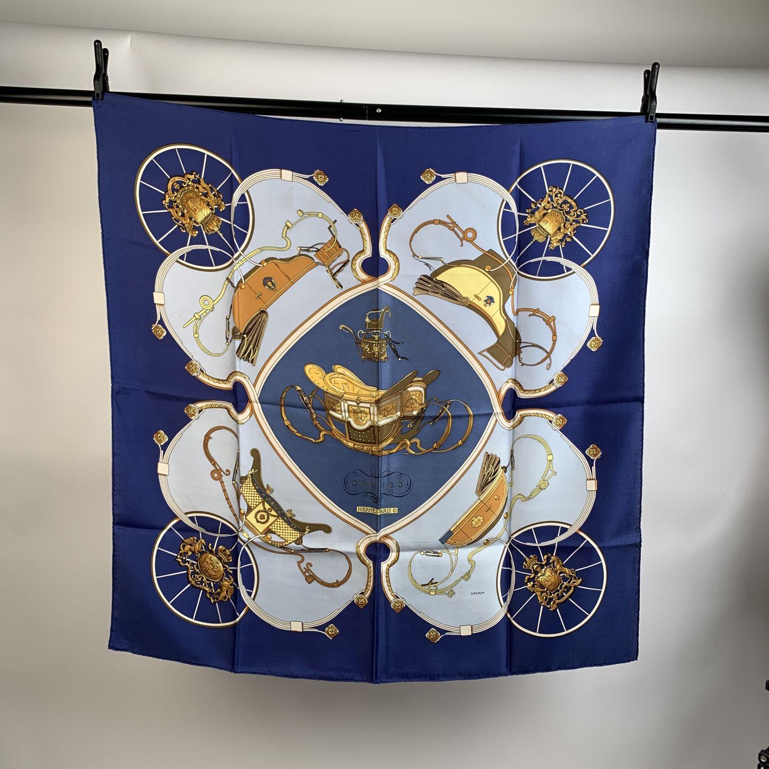 - Hermes Paris Vintage Silk Scarf 'Springs'
- It depicts in its center the phaeton carriage belonging to Napoleon I's son.
- Artist :Philippe Ledoux
- First Issue : 1974
- Blue, Gray, Yellow colors
- Hand rolled hem
- Fabric / Material: 100% Silk
-