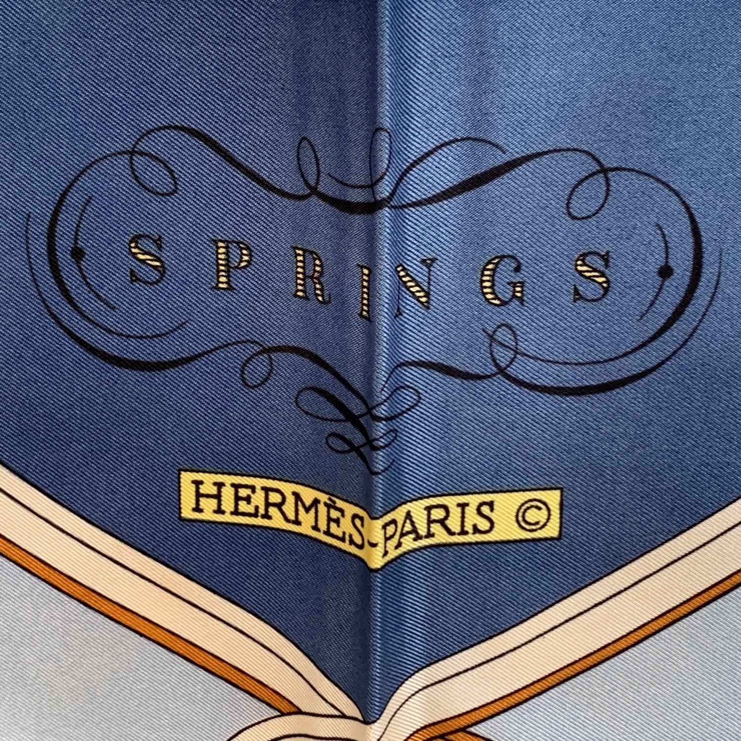 Hermes Paris Vintage Blue Silk Scarf Springs 1974 Philippe Ledoux 2