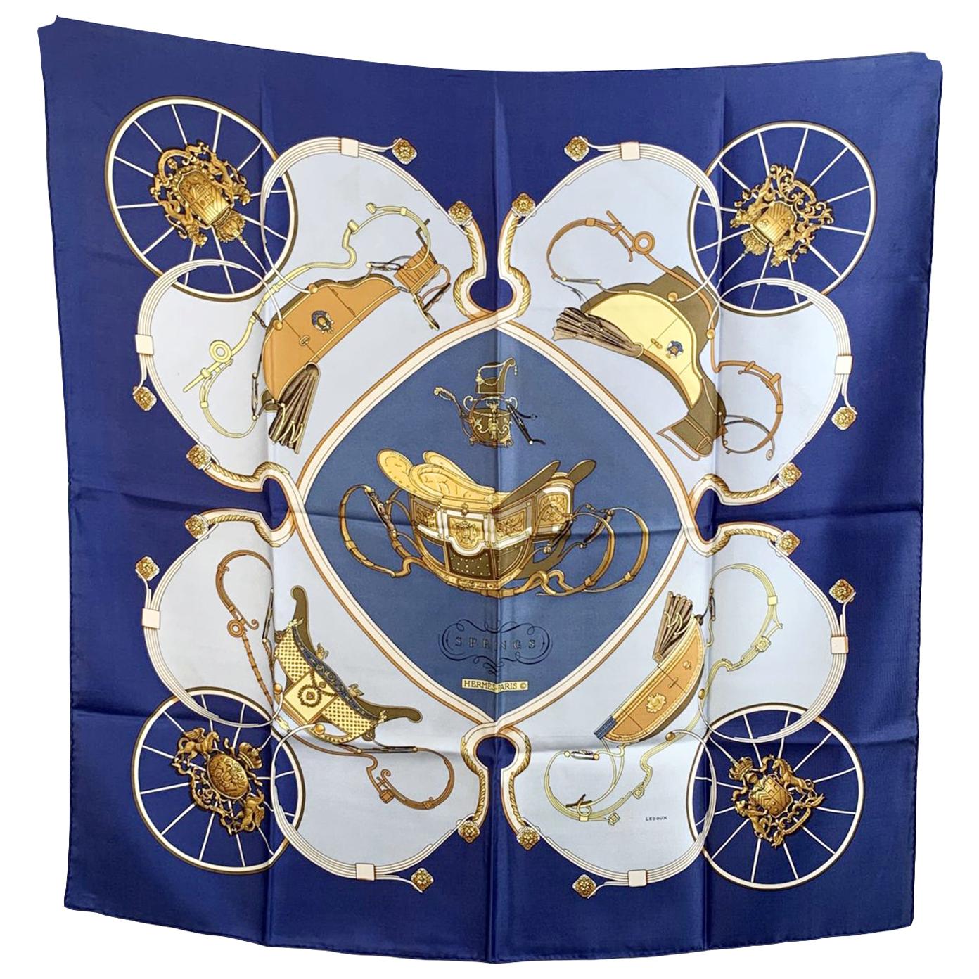 Hermes Paris Vintage Blue Silk Scarf Springs 1974 Philippe Ledoux