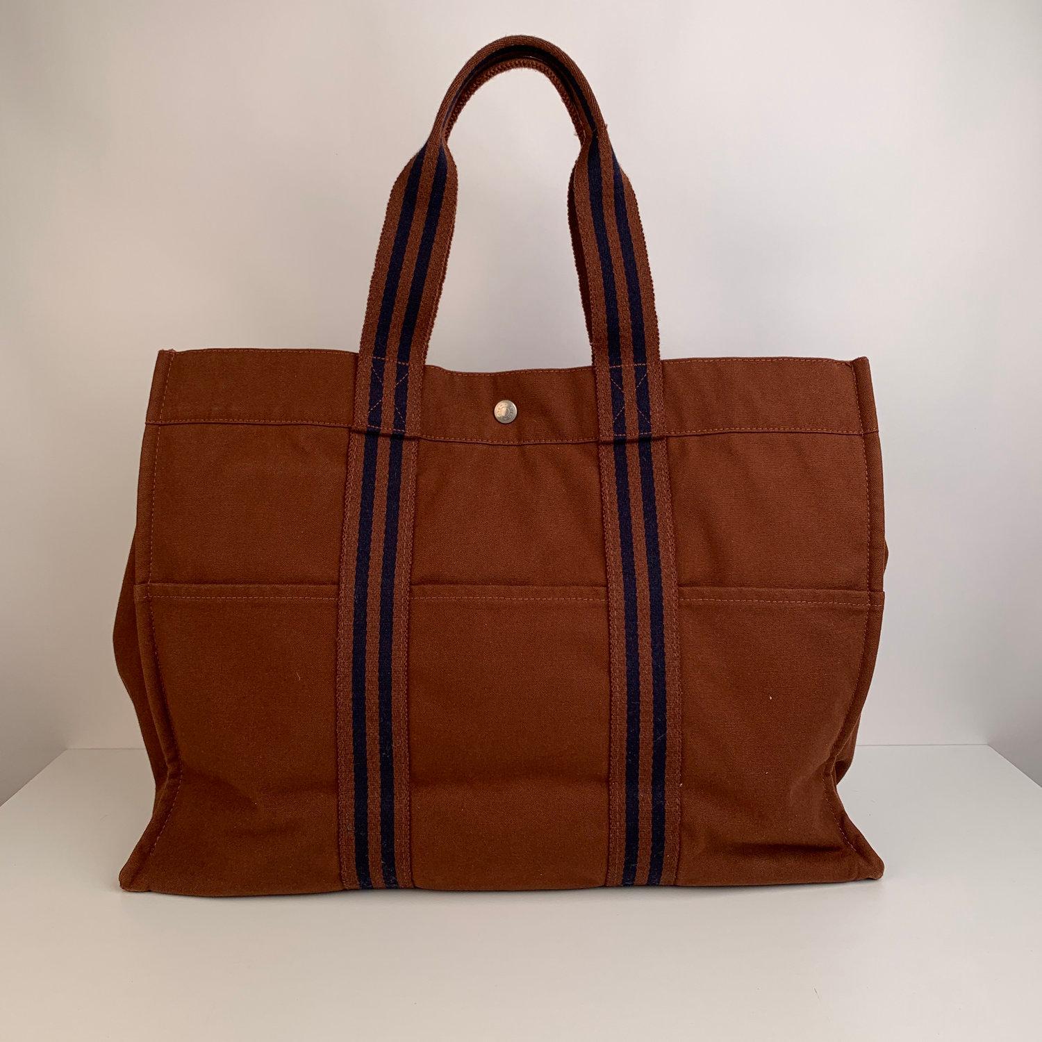 Hermes Paris Vintage Brown Cotton Canvas Tote Handbag Fourre Tout GM In Excellent Condition In Rome, Rome