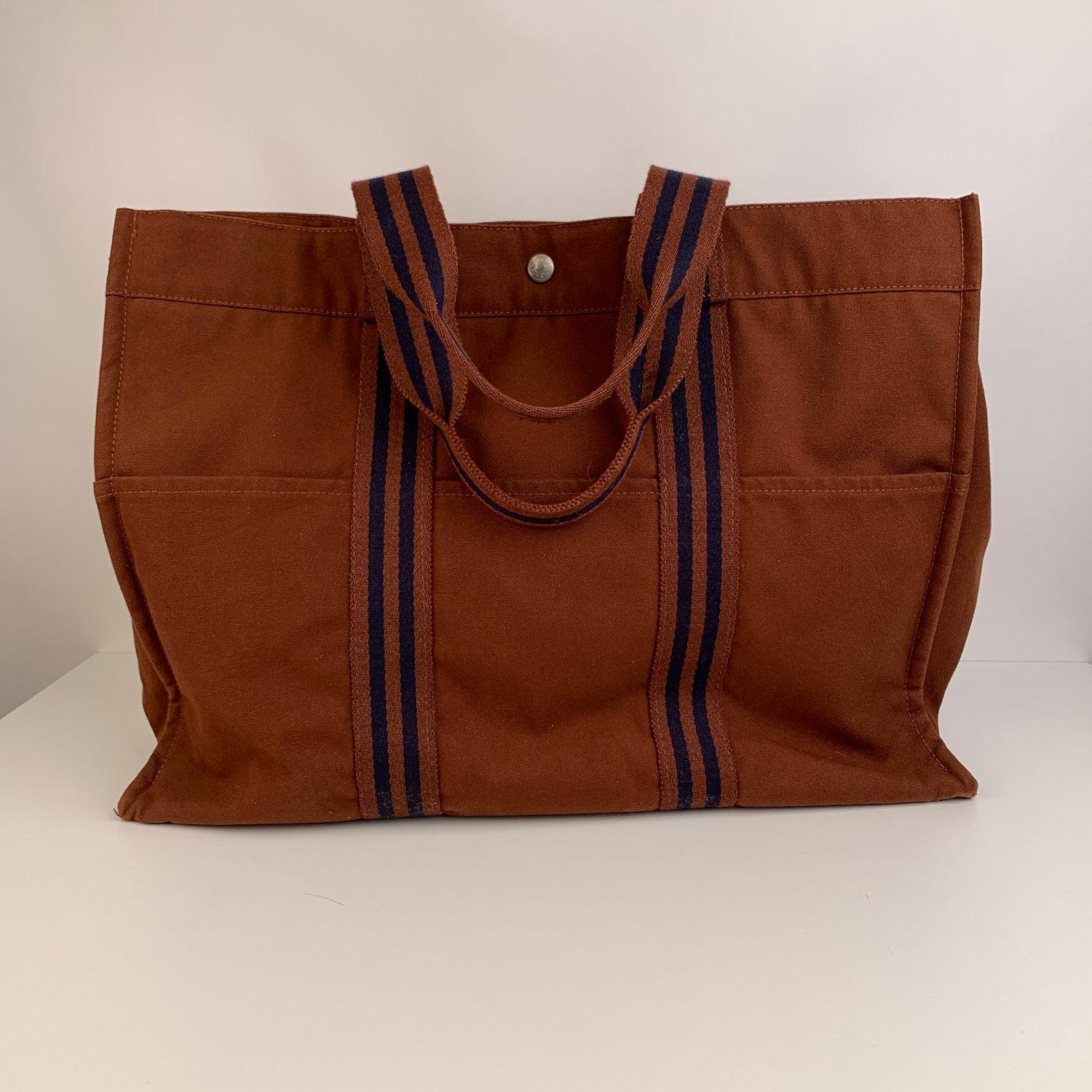 Hermes Paris Vintage Brown Cotton Canvas Tote Handbag Fourre Tout GM 1