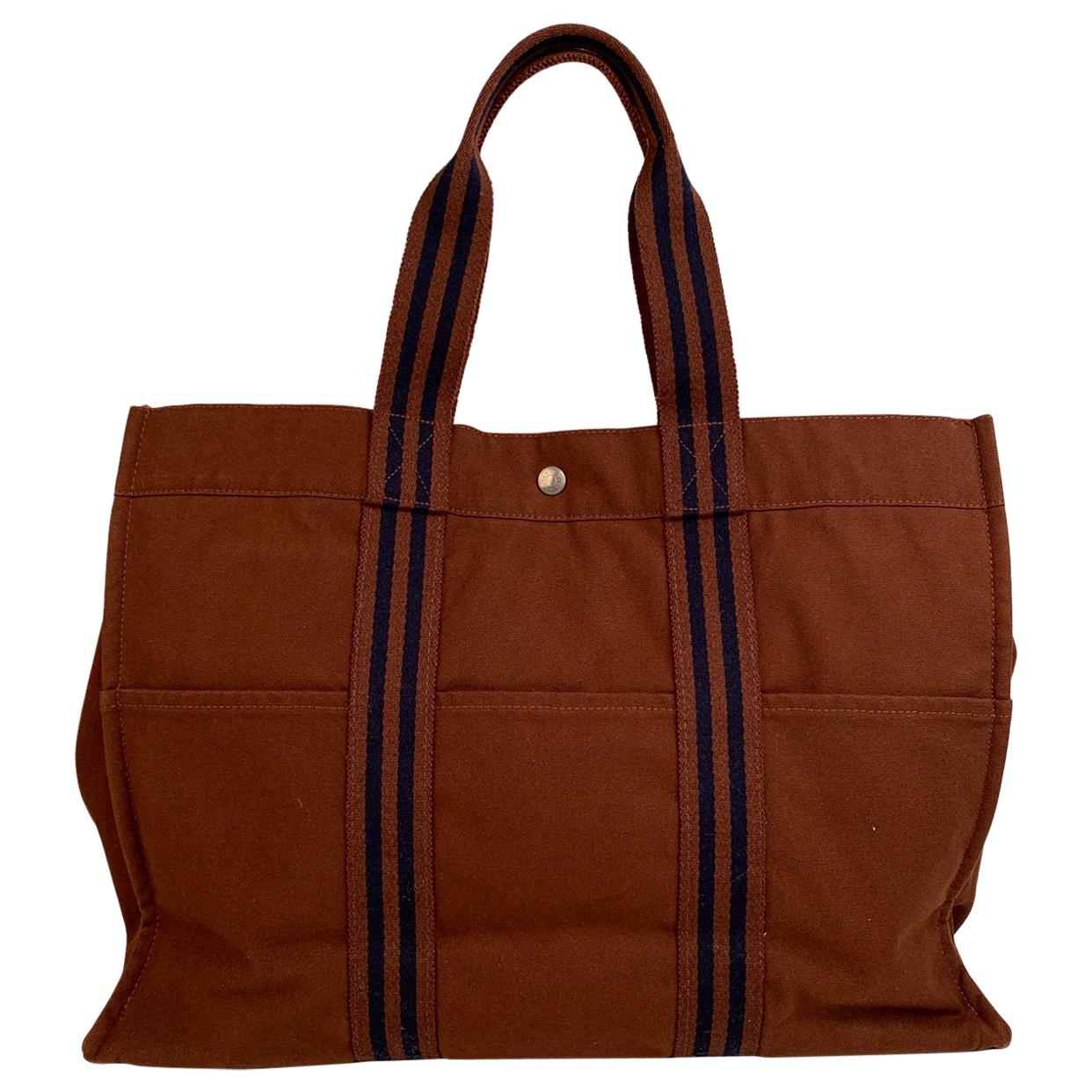 Hermes Paris Vintage Brown Cotton Canvas Tote Handbag Fourre Tout GM