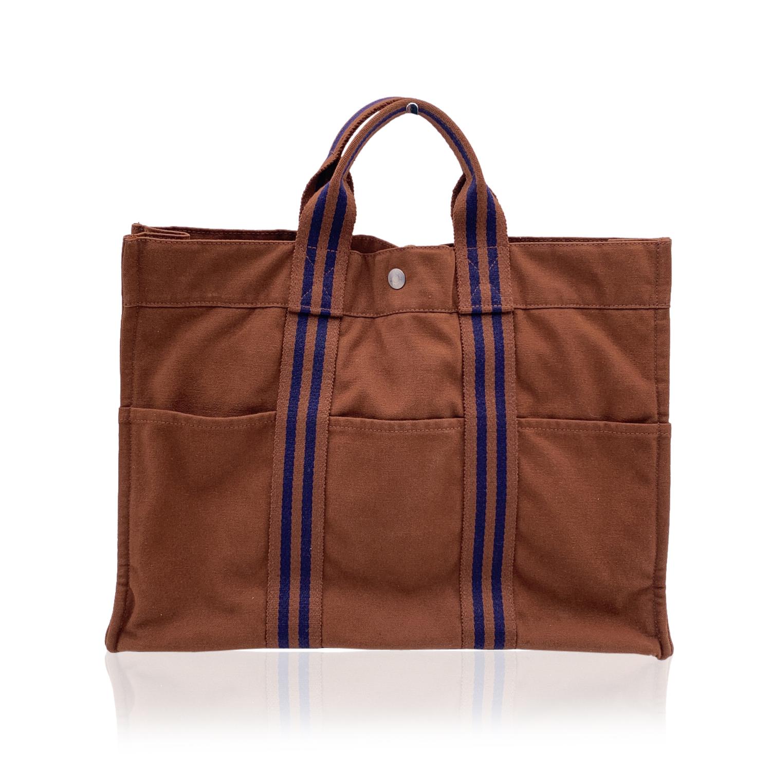 Hermes Paris Vintage Brown Cotton Fourre Tout MM Tote Bag In Good Condition In Rome, Rome