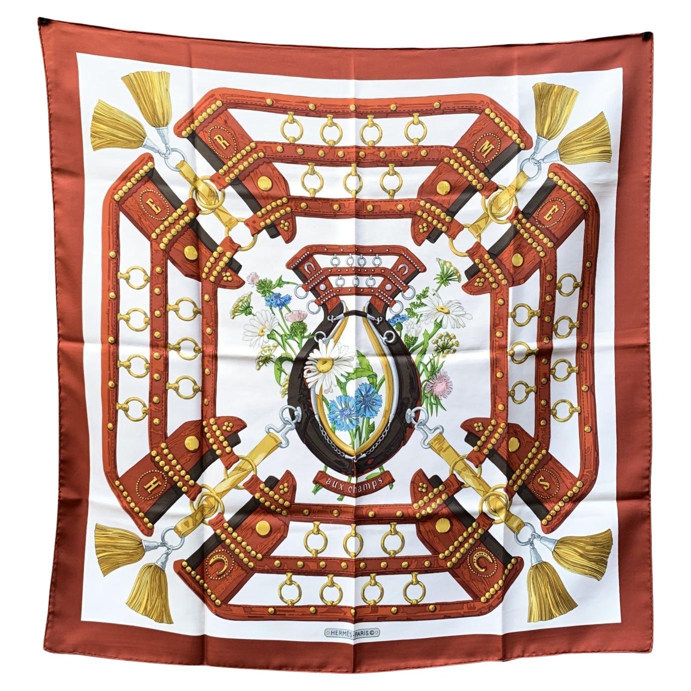 Hermes Paris Vintage Brown Silk Scarf Aux Champs 1970 Cathy Latham For Sale