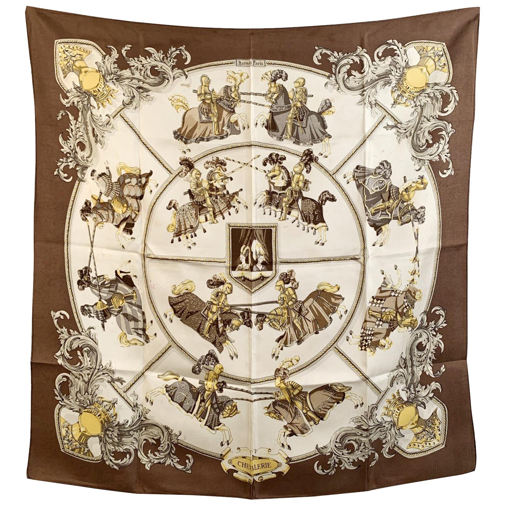 Hermes Paris Vintage Brown Silk Scarf Chevalerie 1970 Latham Defects