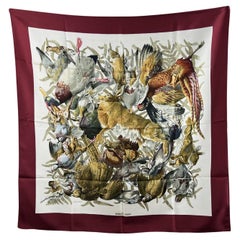 Hermes Paris Vintage Burgundy Silk Scarf Gibiers 1966 Henry De Linares