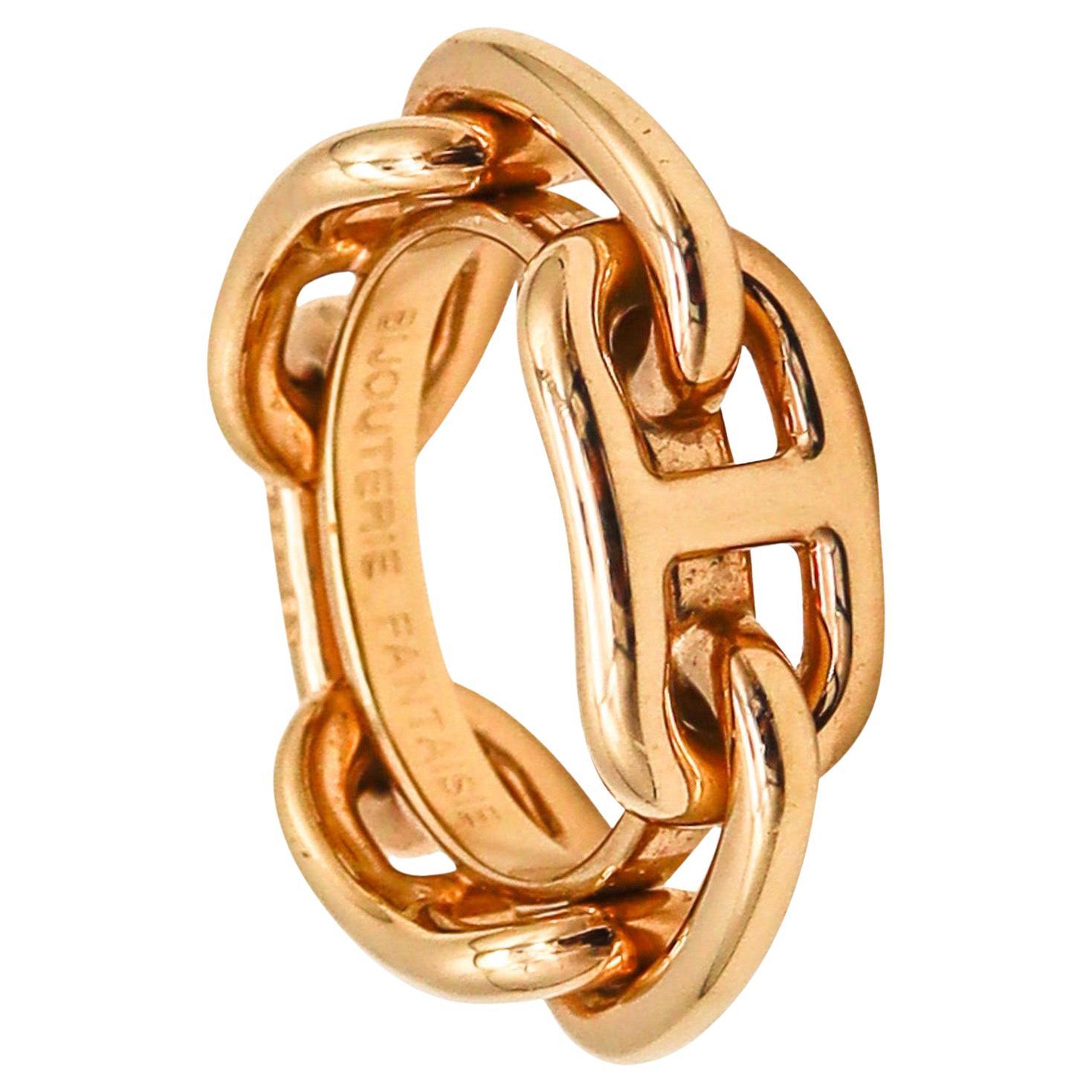Hermes Paris Vintage Chain D'Ancre Scarf Ring In 18Kt Yellow Gold Plated In Box