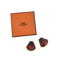 Hermes Paris Vintage Gold Metal Red Enamel Belts Clip-On Earrings