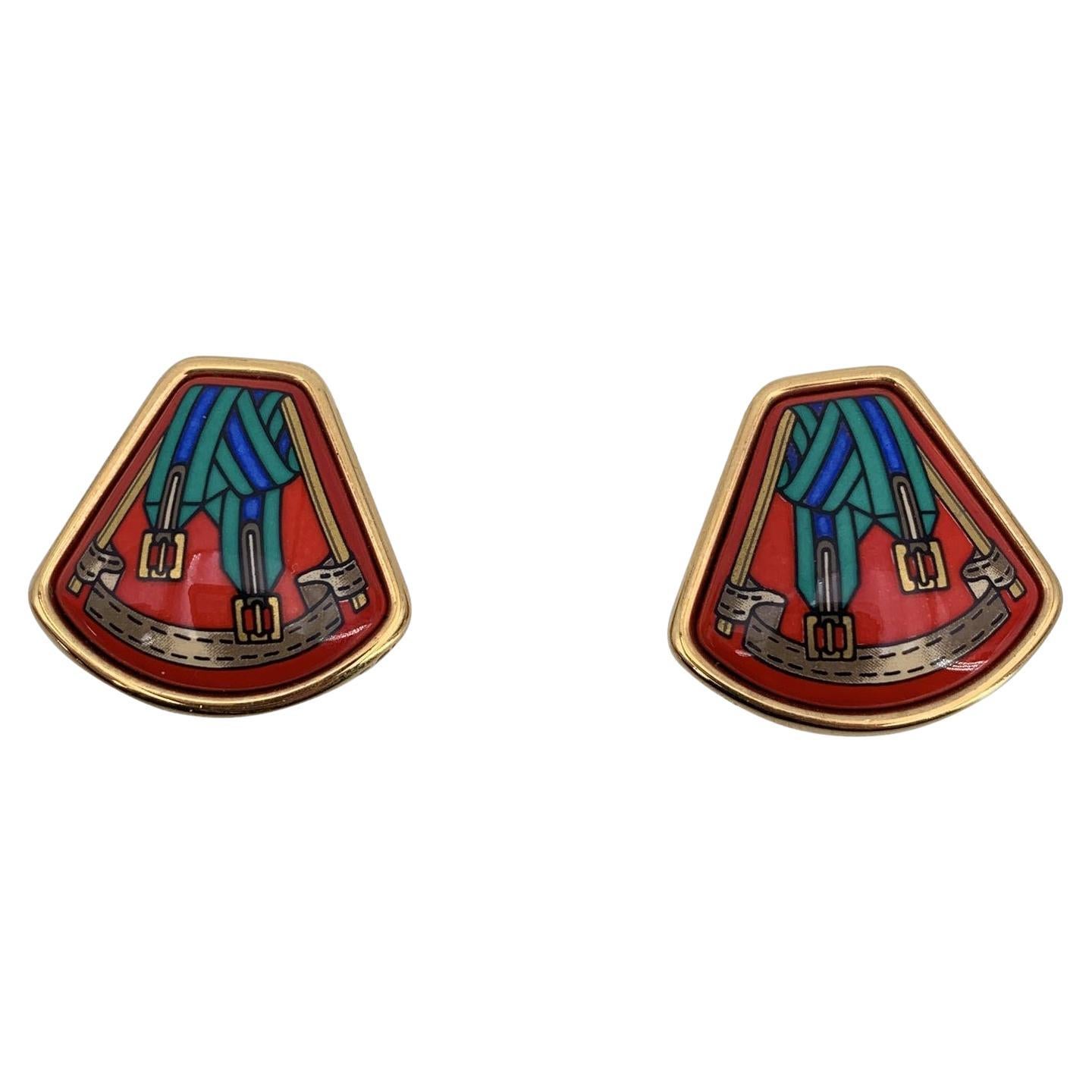 Hermes Paris Vintage Gold Metal Red Enamel Belts Clip-On Earrings For Sale