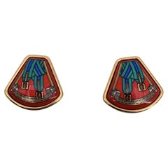 Hermes Paris Vintage Gold Metal Red Enamel Belts Clip-On Earrings