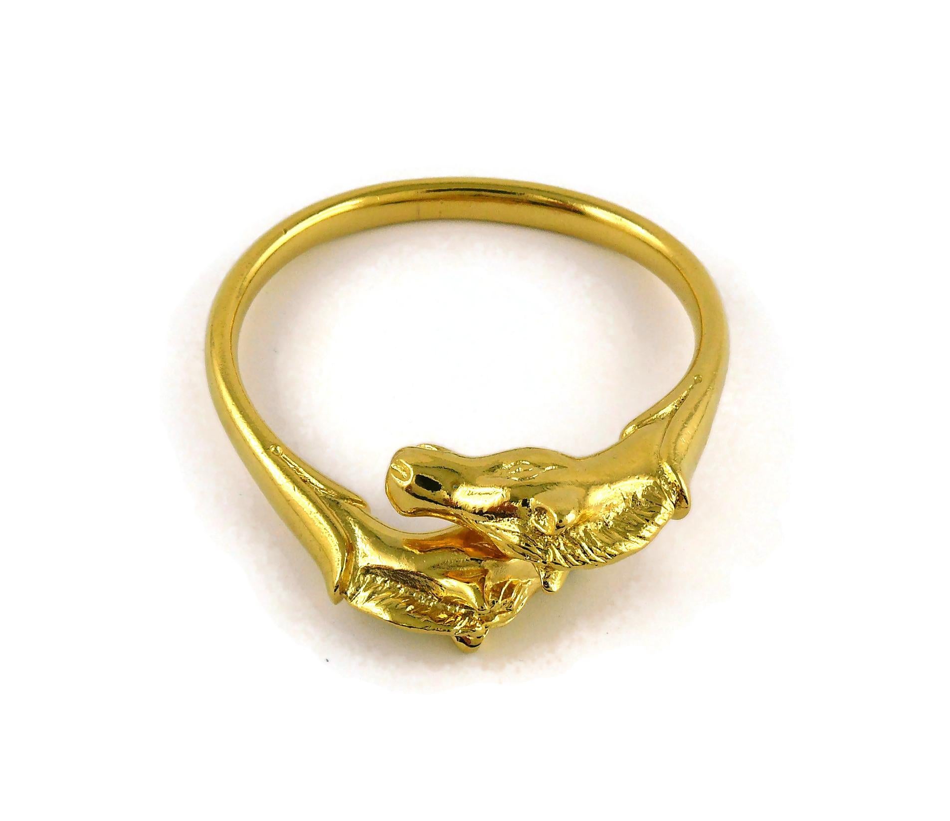 Hermes Paris Vintage Gold Toned Double Horse Head Bangle Bracelet 2