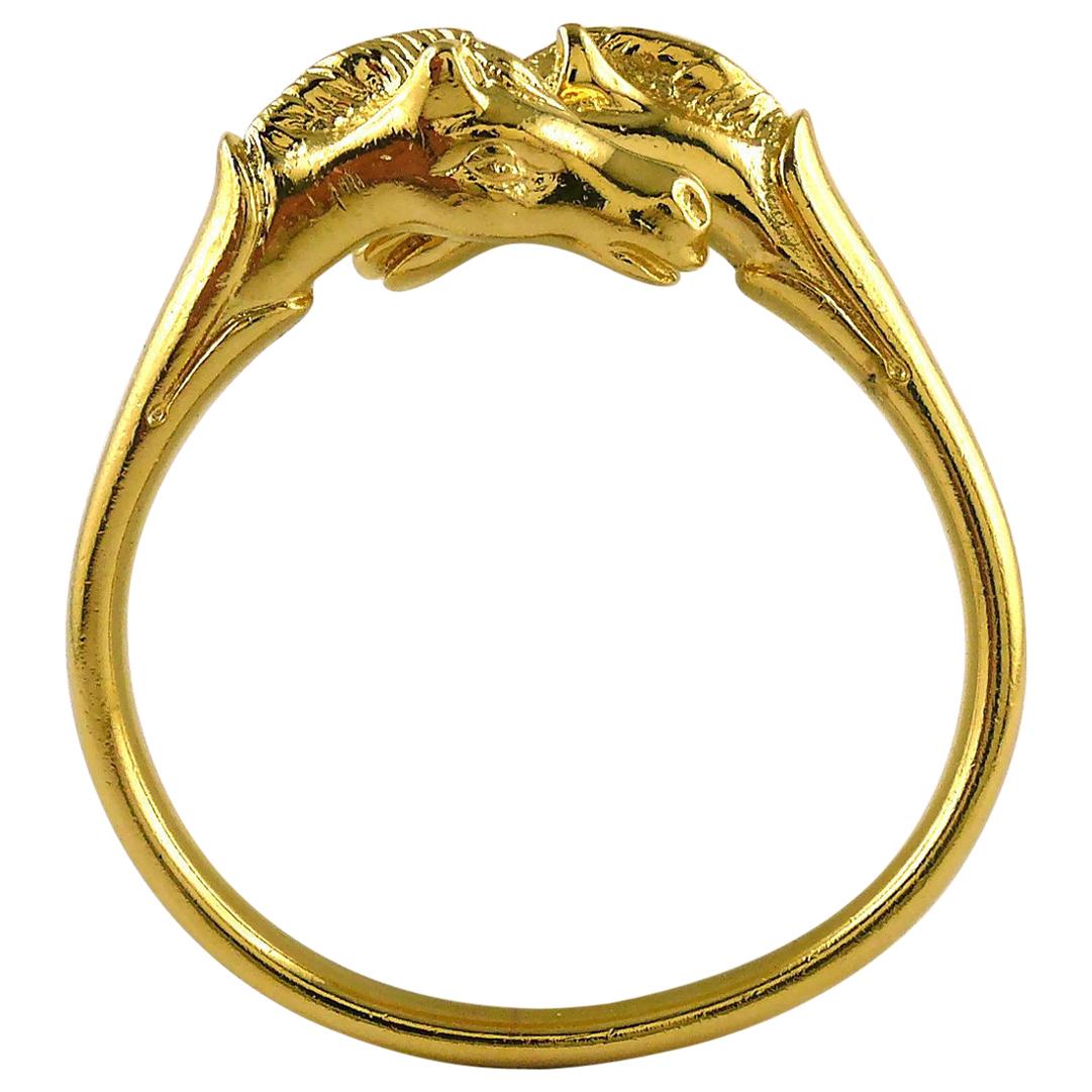 Hermes Paris Vintage Gold Toned Double Horse Head Bangle Bracelet