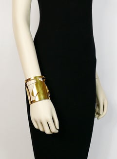 Hermes Paris Vintage Gold Toned Equestrian Wide Cuff Bracelet