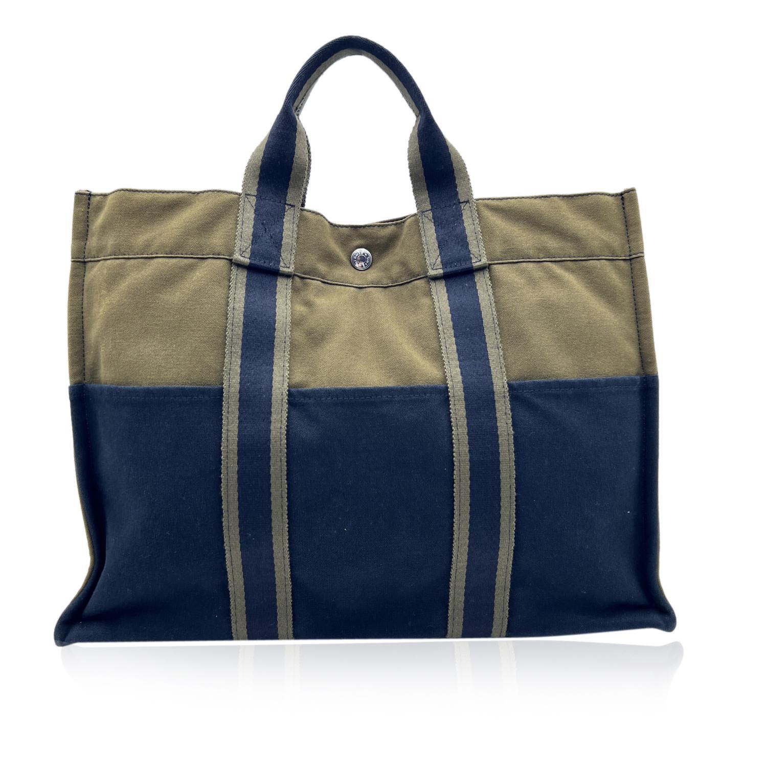 Hermes Paris Vintage Fourre Tout MM Tote Bag aus grüner und blauer Baumwolle (Schwarz)