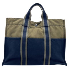 Hermes Paris Vintage Fourre Tout MM Tote Bag aus grüner und blauer Baumwolle