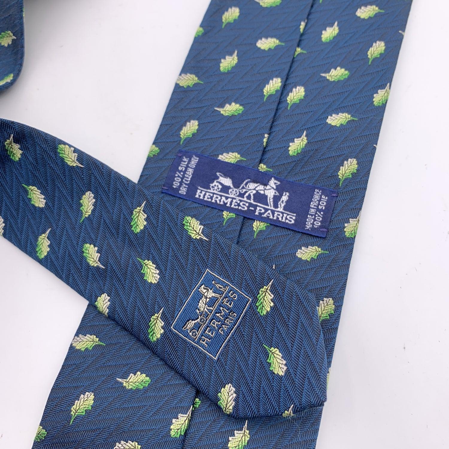Hermes Paris Vintage Green Silk Leaves Pattern Neck Tie 1
