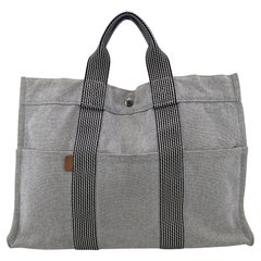 Hermes Paris Vintage Grey and Black Cotton Fourre Tout MM Tote Bag